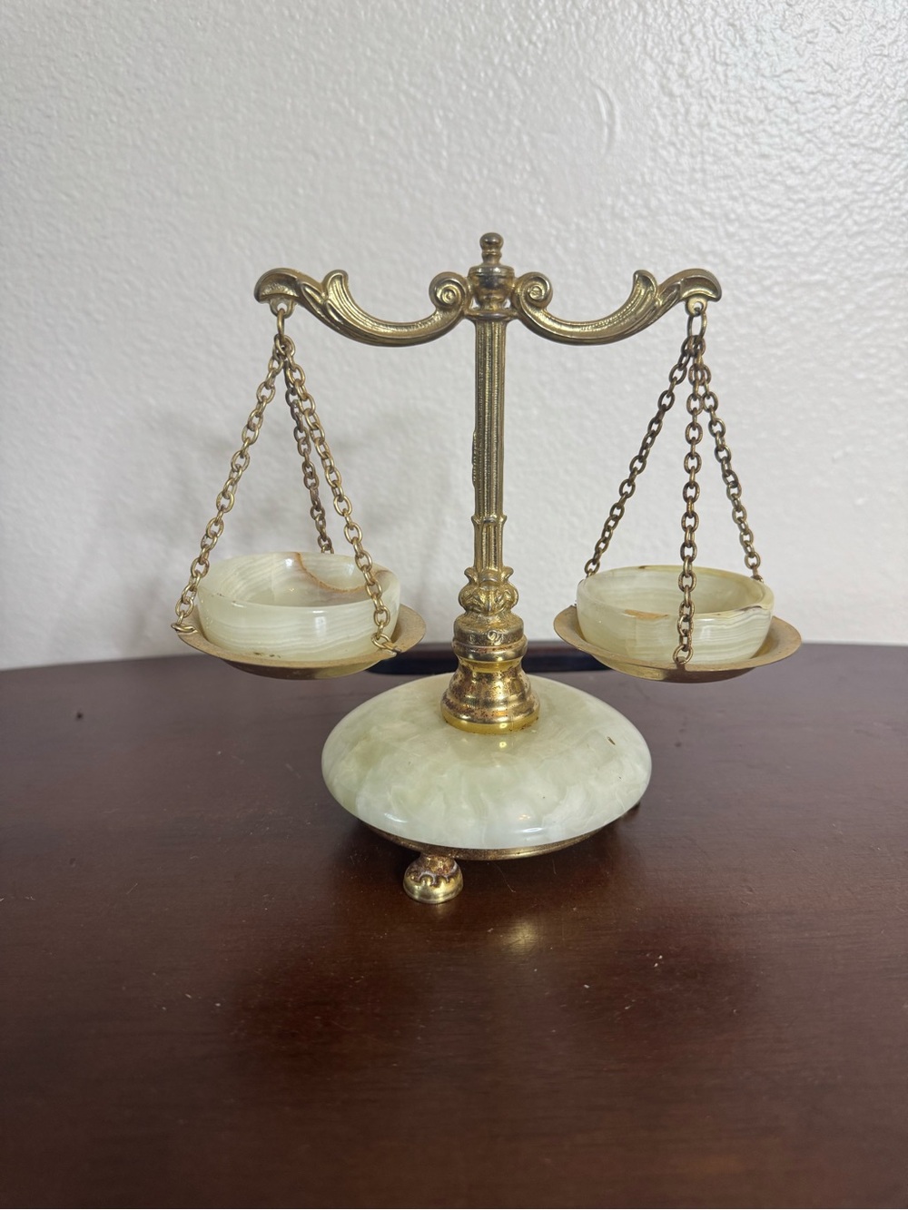 Antique Onyx Brass Balance Scale with Cream Stone Base